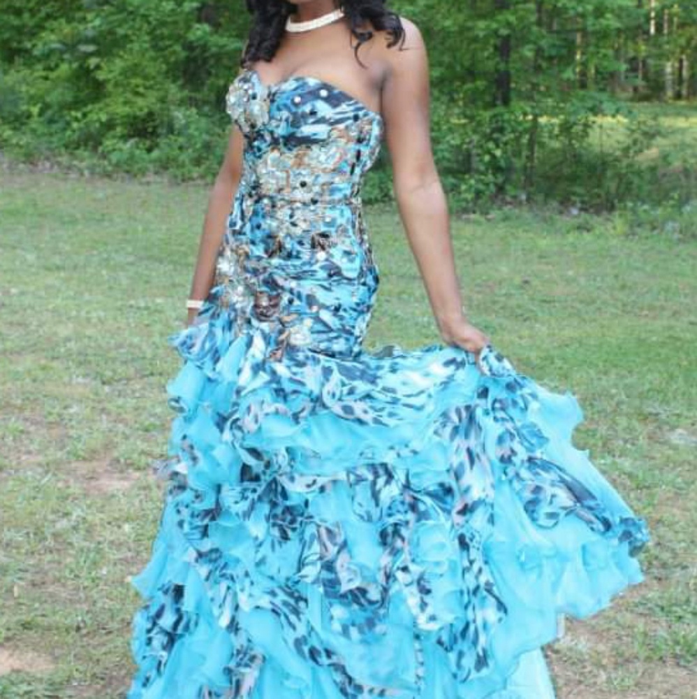 Beautiful turquoise animal printed prom dress